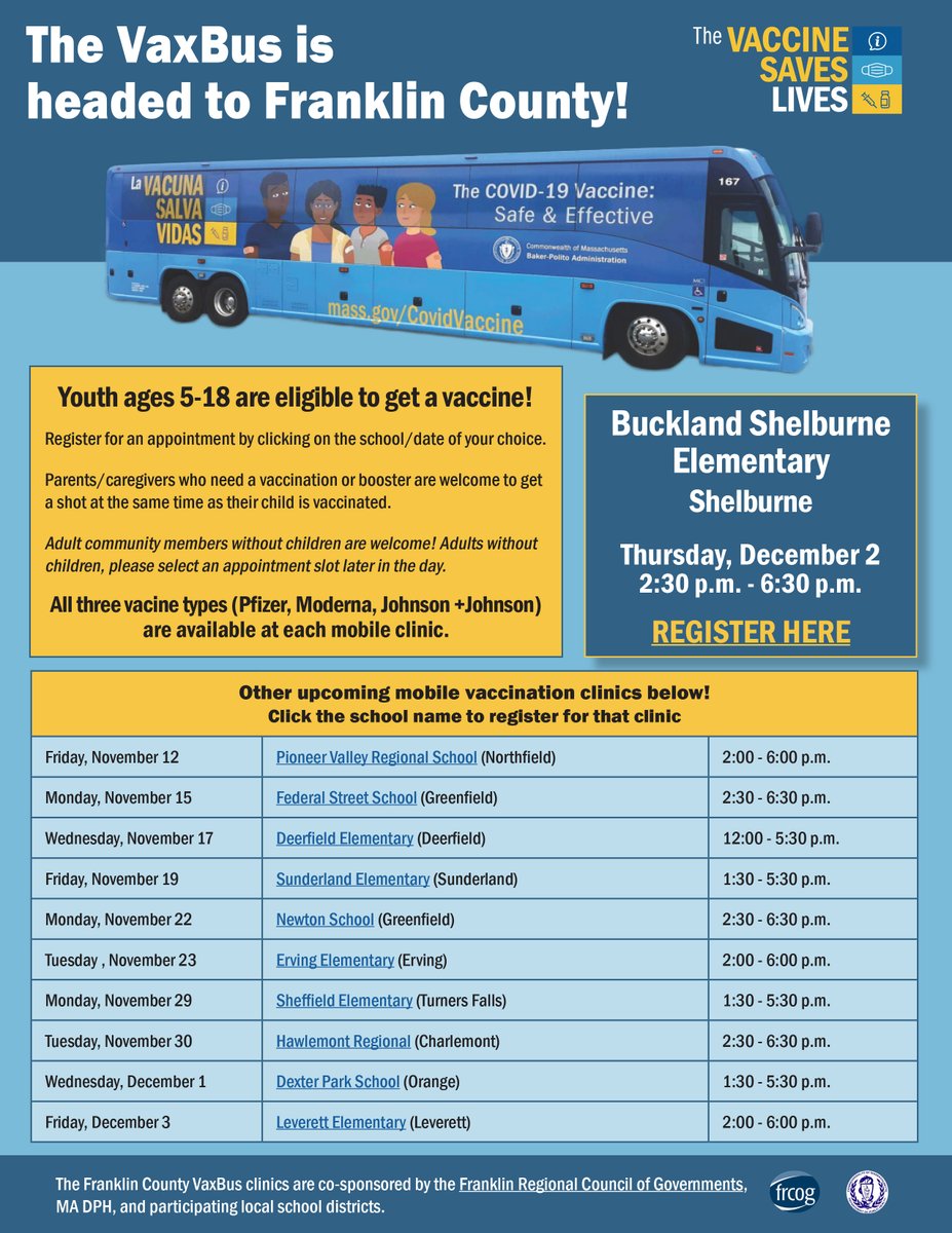 MTRSDistrict's tweet photo. DYK the #VaxBus will be rolling-in to Buckland-Shelburne Elementary on Dec. 2? Visit: https://t.co/3NBKiTGFg2 to book your appointment (for first dose youth aged 5-11, eligible adults, eligible boosters). Thank you @MassDPH & @FranklinCOG for organizing! https://t.co/5EIYnbkhBj