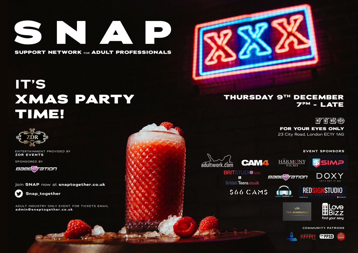 So with event sponsors now confirmed here is the updated Xmas Party poster. Adult industry workers, did you reserve your place on the guest-list for December 9th yet? If not, then email admin@snaptogether.co.uk now to make sure you don’t miss out!