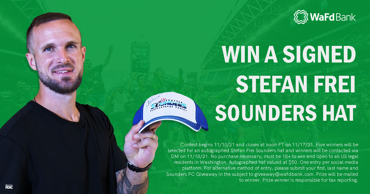 🚨GIVEAWAY🚨 <a href="/SoundersFC/">Seattle Sounders FC</a> are in the playoffs and we’re celebrating with another giveaway! FIVE lucky fans will be selected to win a signed <a href="/Stefan24Frei/">Stefan Frei</a> Sounders FC Heritage hat. Simply:
1. Like + Share/Retweet this post
2. Tag a friend in the comment section
3. Follow <a href="/WAFDBank/">WaFd Bank</a>