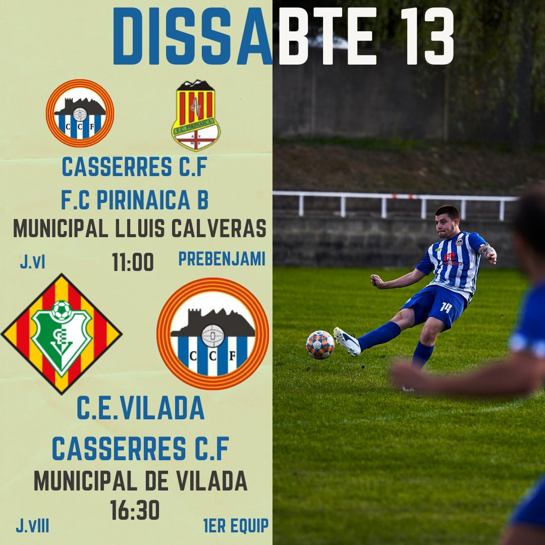 🤍DISSABTE DE FUTBOL💙

📆Dissabte 13📆
👶🏻Prebenjamí - Lliga J.VI⚽️
🆚️Pirinaica B ⚪🔴 11:00⏰ 
🏠Municipal Lluís Calveras🏠

⚽️1er Equip - Lliga Jornada VIII⚽️
🆚️Vilada 🟢⚪ 16:30⏰
🚗Municipal de Vilada🚗

Hi haurà servei de bar🥤☕🍷

📸 @ferranshoot