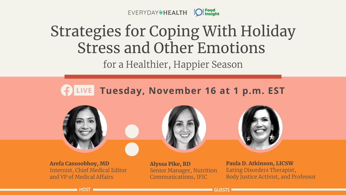 Tend to get stressed around the holidays? Tune in to our FB Live on Tuesday, 11/16 at 1 p.m. EST to hear health experts’ <a href="/pauladatkinson/">pauladatkinson</a> and @FoodInsight's Alyssa Pike share strategies for feeling less frazzled, banishing guilt around food, fending off seasonal blues, and more!