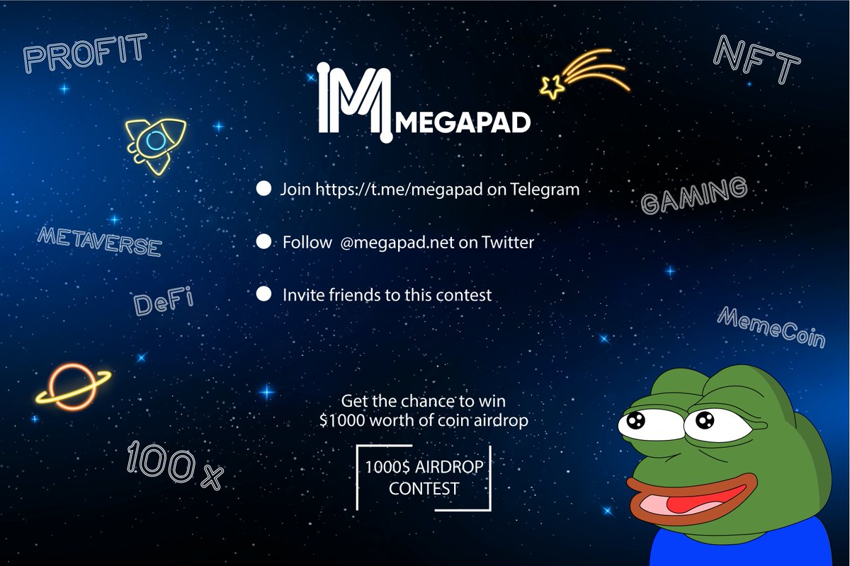 1000$ MEGAPD GIVE AWAY

• Requirements •
1000 $ AIRDROP CONTEST
Get the chance to win $1000 worth of coin airdrop
Invite friends to this contest
Follow <a href="/megapadnet/">Megapad</a> on Twitter
Join t.me/megapad on Telegram

gleam.io/iPvP3/1000-wor…