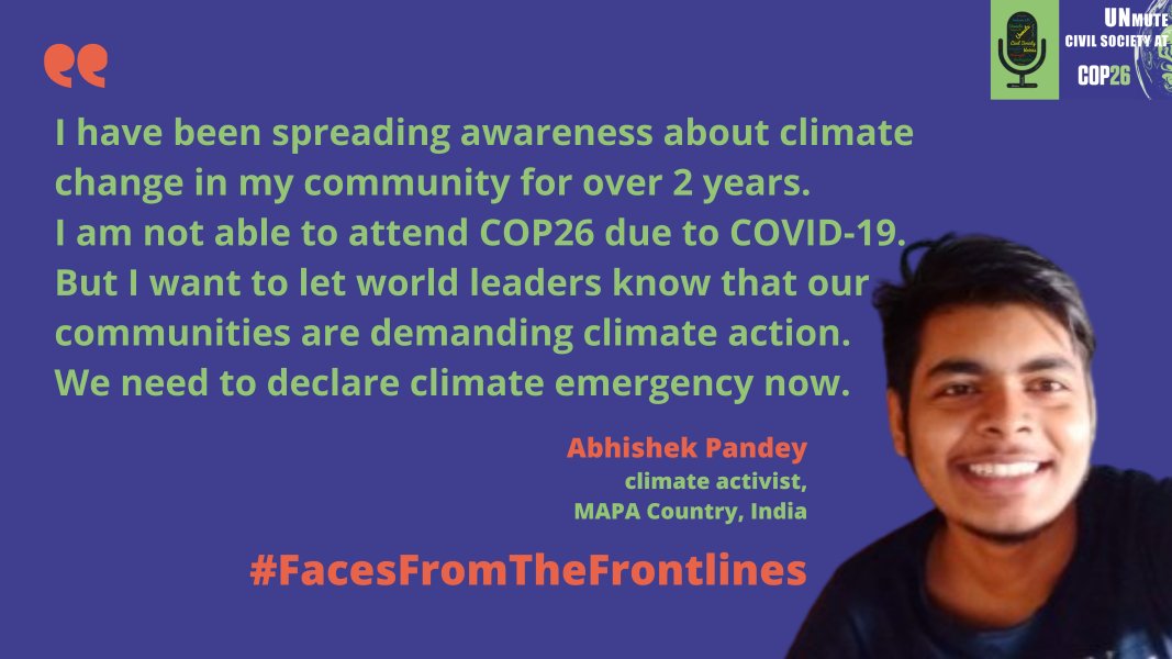 UCSUSA's tweet photo. Carrying out a physical @COP26 during a 🌍 pandemic excludes many #FacesFromTheFrontlines, such as @realabhipandey1. We call on @UN member states to provide the digital infrastructure for #civilsociety to participate online in a meaningful way #UNmuteCOP26. https://t.co/8epXWAKVFc