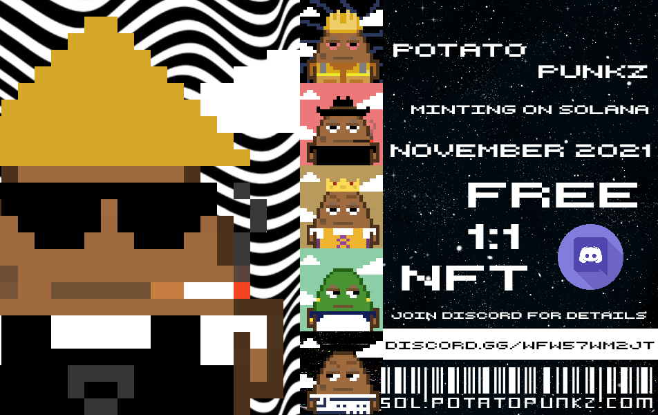 PotatoPunkz_'s tweet photo. Potato Punkz
🎁 #NFTGiveaway 

⏰ 4 days left 

🏆 1 #NFT Potato Punk #7779

⬇️
1️⃣ Follow @PotatoPunkz_  @WranglerSpud 
2️⃣ Retweet and ❤️ 
3️⃣ Join discord https://t.co/QxG79vxtsT
4️⃣ Enter discord name &amp; SOL wallet

Good luck🤞

#Giveaway #NFTcollector #SolanaNFT https://t.co/EvT2IOrLAe