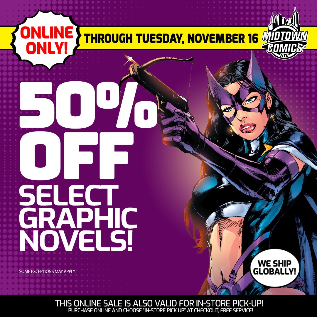 As of today, take a fab 50% off our sizable selection of select graphic novels all week long!  Build a library fit for a king!  
ow.ly/7axR50GKySi

#graphicnovels #discountgraphicnovels #graphicnovelsale #midtowncomicssale #marvelcomics <a href="/DCComics/">DC Comics</a> #papercutz #vizmedia