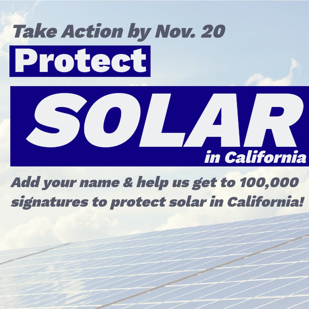 RE_volv's tweet photo. ☀️ Take Action &amp; Protect Solar in California by Nov. 20th! ☀️

RE-volv is working with @CALSSA_org to get petition signatures to help protect #solar in California. Sign the petition &amp; share with your network: https://t.co/Rj2krVl2xd

#TakeAction #SolarPolicy #CaliforniaSolar https://t.co/8HGpejSihN