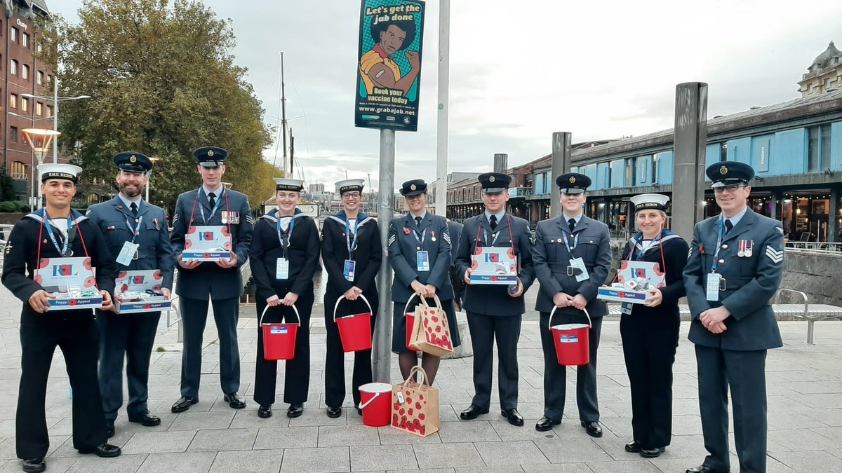 RAFBrizeNorton's tweet photo. Yesterday,  personnel from RAF Brize Norton attended the @BristolPoppy Poppy Appeal, joining the team on the fundraising collection day.

They were joined by @RNASYeovilton near the harbourside in Bristol to support the @PoppyLegion. https://t.co/dtkl6N0zyT