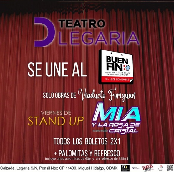 #ViaductoForiguan se une al #BuenFin, tienen para ustedes 2x1 en sus obras #MiaYLaRosaDeCristal y #ViernesDeStandUP, en el <a href="/TeatroLegaria/">TeatroLegaria</a> 

Se divertirán mucho, comprobado.

#TeatroIMSS #TeatroINFantil #Navidad
