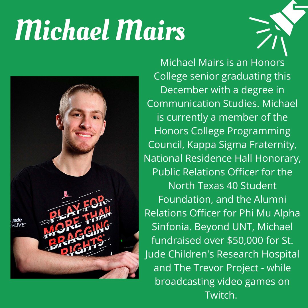 UNTComm's tweet photo. After graduating in December of 2021, Michael Mairs plans to pursue digital marketing opportunities within the video games industry. Michael is also a part of The 2021 UNT Homecoming Court. Congratulations, Michael! #UNTCOMM https://t.co/ELAxmVi81W