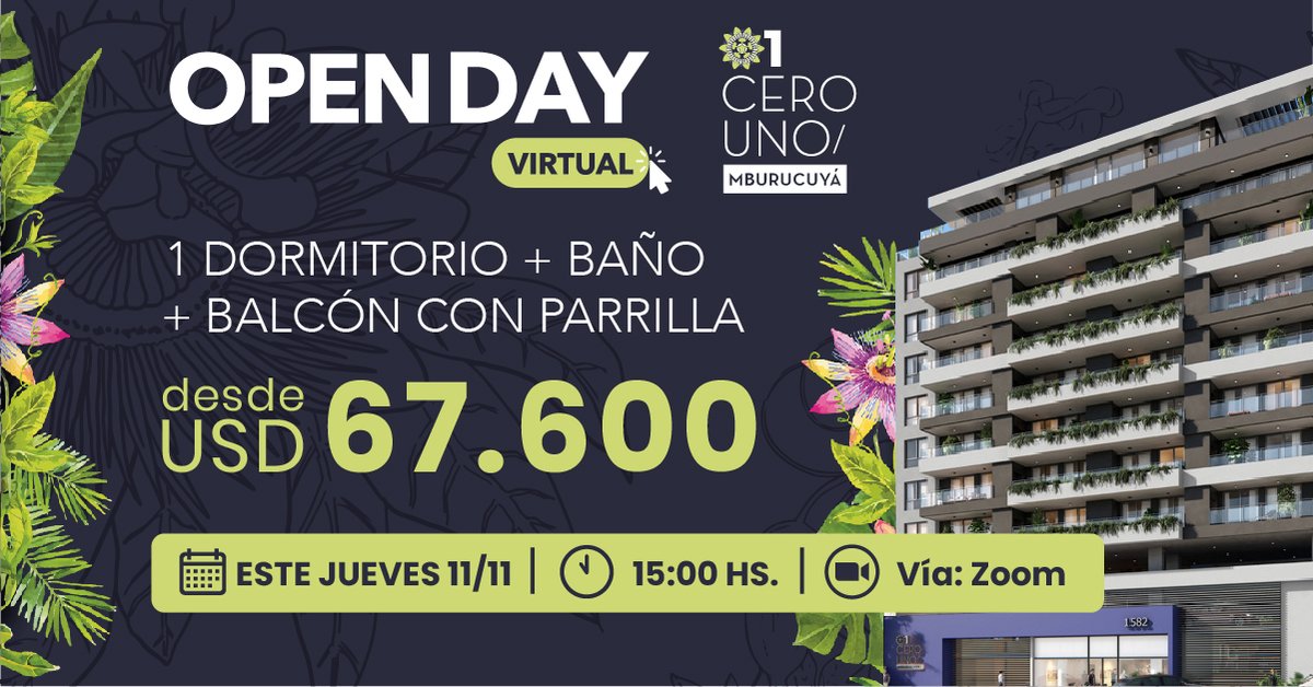 infocasaspy's tweet photo. ¡Open Day Virtual: 01 Mburucuyá! 👏

📌1 dormitorio + 1 baño, balcón con parrilla desde USD 67.600.

📅 Jueves 11/11
🕚15 hs
💻Zoom

Registrate aquí: https://t.co/3TtSVLQcC1 https://t.co/7tzXHPd4Vc