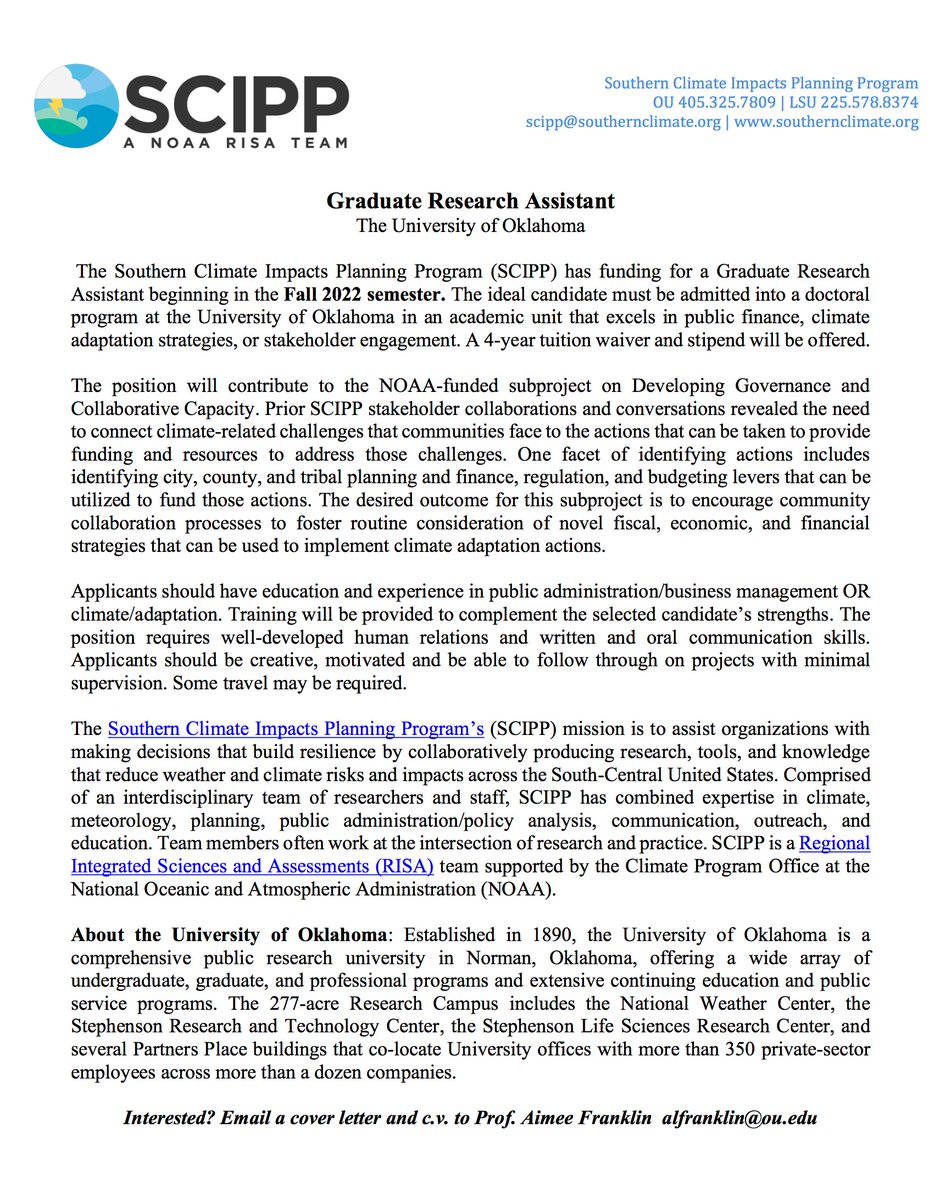 scipp_risa's tweet photo. #JobOpportunity!
SCIPP is looking for a Graduate Research Assistant beginning in the Fall 2022 semester for the #NOAA-funded project on "Developing Governance and Collaborative Capacity." @OUResearch @NOAAClimate #ClimateJobs
More details below: https://t.co/eR640xW5xh