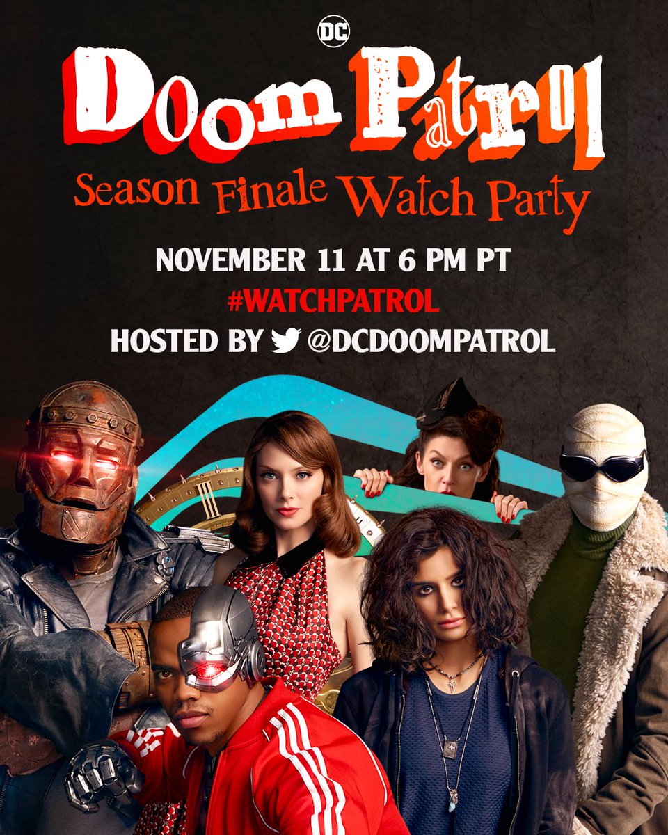 Holy balls tomorrow is the finale! 

Let’s celebrate by having a watch party here on Twitter! We'll be live tweeting along with some friends at exactly 6 PM PT.

Use the hashtag #WatchPatrol to join in on the fun. #DoomPatrol