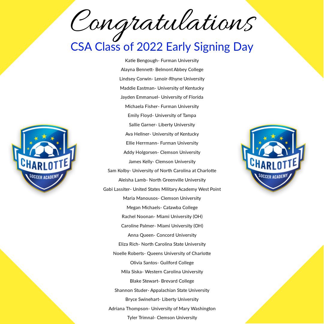 CSA_Soccer's tweet photo. 𝓢𝓲𝓰𝓷𝓲𝓷𝓰 𝓓𝓪𝔂 🖊Congratulations to these CSA c/o 2022 players who have committed to continue their academic and soccer careers at the next level!
#signingday #studentathletes #csaproud #classof2022 #charlottesocceracademy https://t.co/t1IXE4UIAt