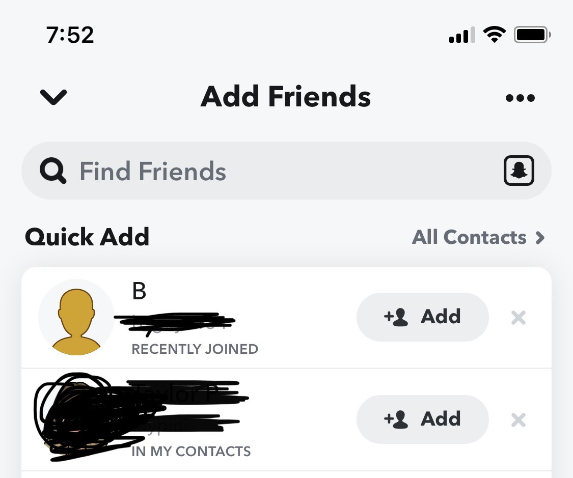 lovemerealitytv's tweet image. Can someone who knows Snapchat explain this to my old ass? What is this quick add shit? I know the second one is someone from my contacts, but who’s the first? I have a contact “B” in my phone does that mean it’s him? #helpimold