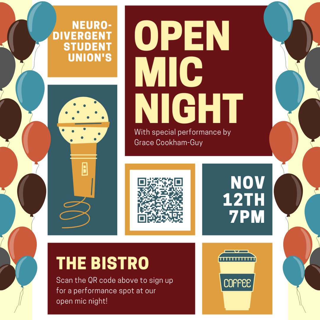 BistroTweetstro's tweet photo. Happy Wednesday y’all! The Neurodivergent Student Union is hosting an Open Mic Night this Friday in the Bistro, sign up using this QR code or stop by at 7 pm to enjoy some awesome live performances :) https://t.co/mqhInsCnL9