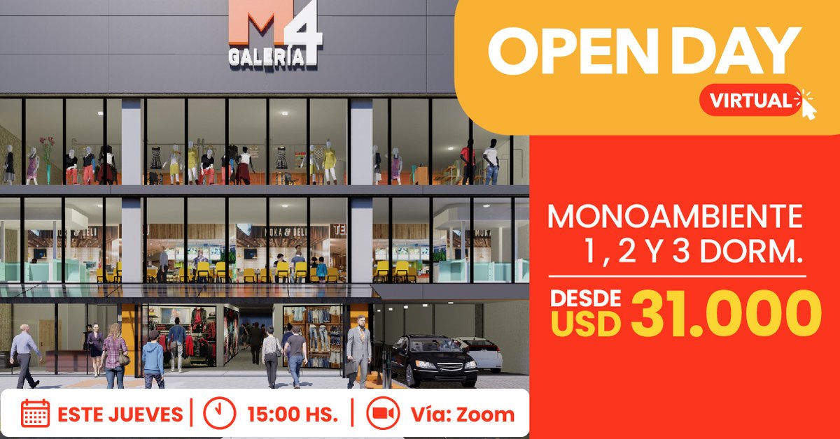 infocasaspy's tweet photo. ¡Open Day Virtual: M4 Galería! 👏

📌Monoambientes, 1, 2 y 3 dormitorios desde USD 31.000

📅 Jueves 11/11
🕚15 hs
💻Zoom

Registrate aquí: https://t.co/JBuImj2cuD https://t.co/zGJVYo9mi4