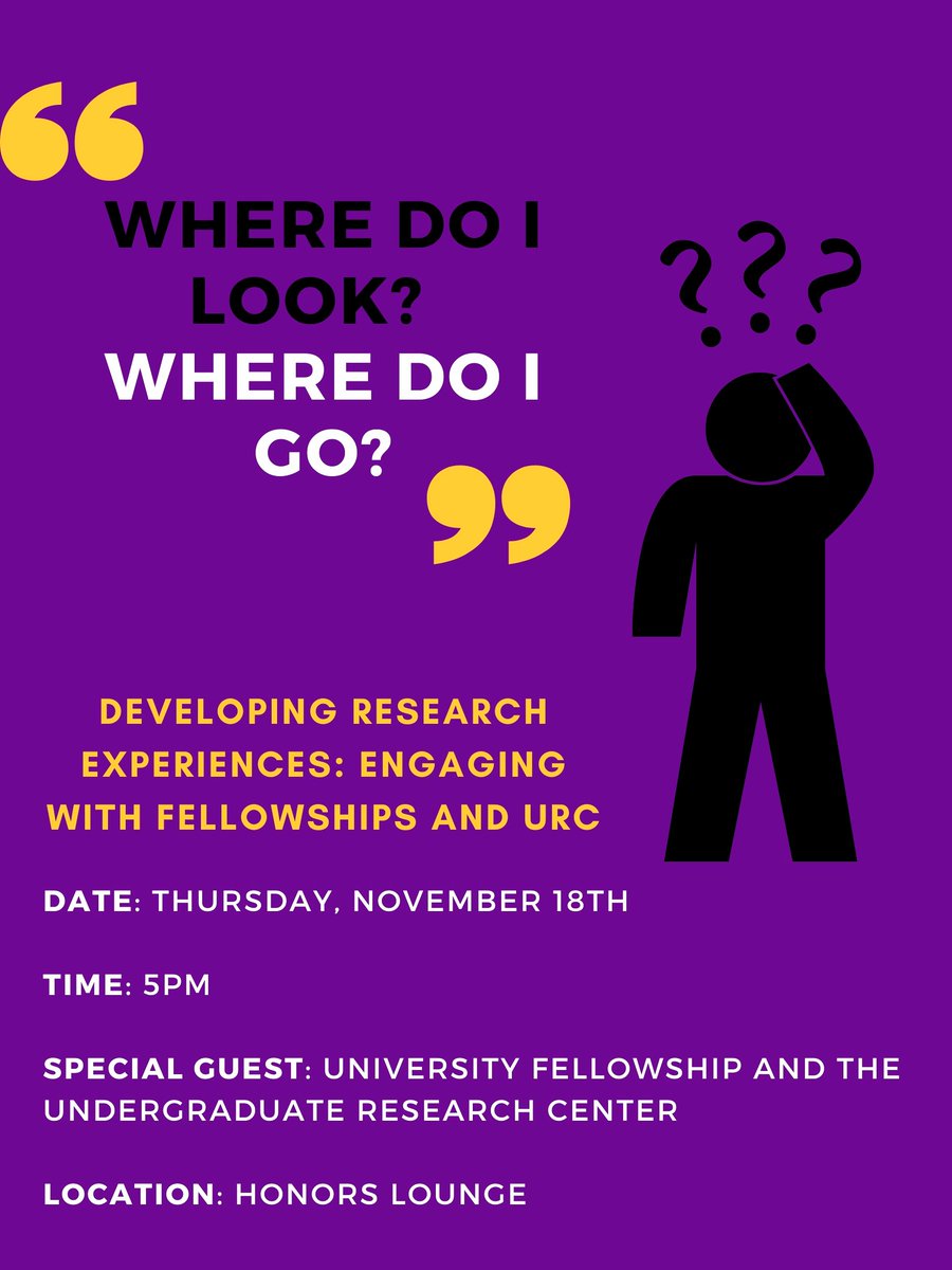 MNSUHonors's tweet photo. Do you have questions regarding research? Join us on this even where your questions will be addressed. 

Developing Research Experiences: Engaging with Fellowships and URC. 

Special Guests: University Fellowship and the undergraduate research center.

@URC_MSUMankato 

#mnsu https://t.co/hssMmqAxNi