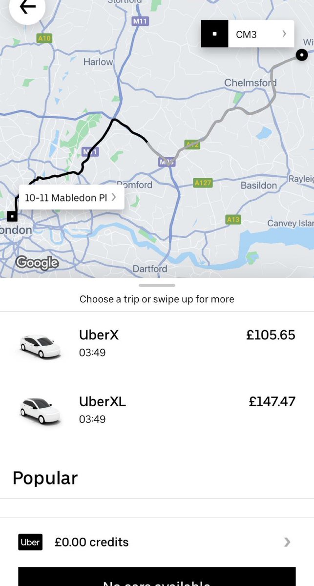 Chris101France's tweet photo. @Uber  hoping you can explain to me how a Halloween trip with you guys at 1:45 am from London to Essex cost more than a trip from London to New York and back? 2nd pic is of another Uber quote an hour later. #uber #steal #robbery #shocking https://t.co/dybiogRobD