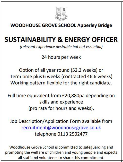 Tom_Exeter's tweet photo. @woodhouse_grove are looking for a Sustainability and Energy Officer! An exciting job opportunity for any past interns of the @UoL_Sus dept. or any @UoLStudents looking for a job #sustainability https://t.co/wzrA4irRFY