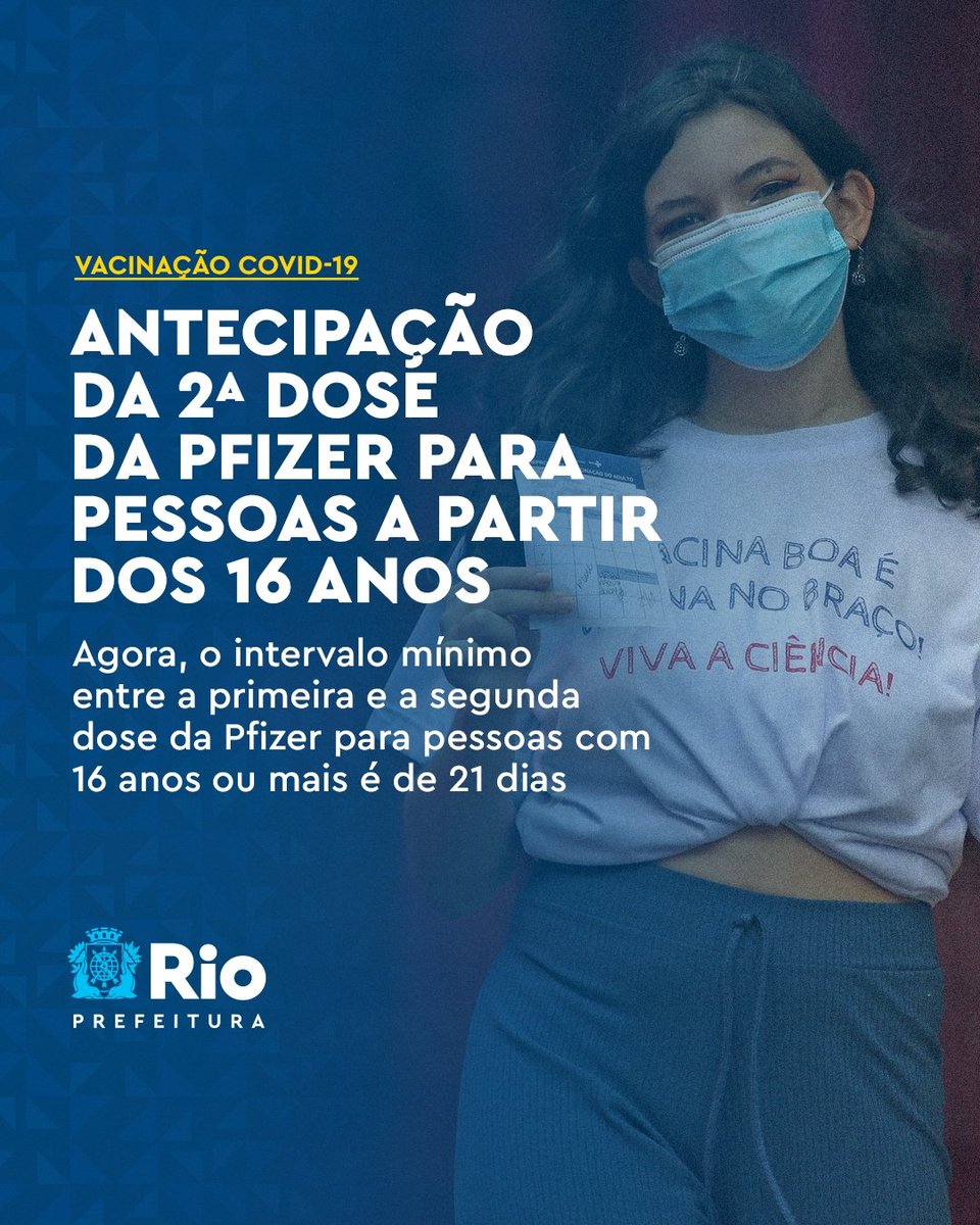 Prefeitura_Rio's tweet photo. Se tem vacina a gente antecipa a 2ª dose! 💉💉

Os novinhos de 16 anos que tomaram a vacina da Pfizer no município do Rio podem comemorar e preparar o bracinho, porque tá na hora da segunda dose.

Tem essa idade e tomou a primeira dose há pelo menos 21 dias? #SóVem! 💙 https://t.co/7LftXBhULV