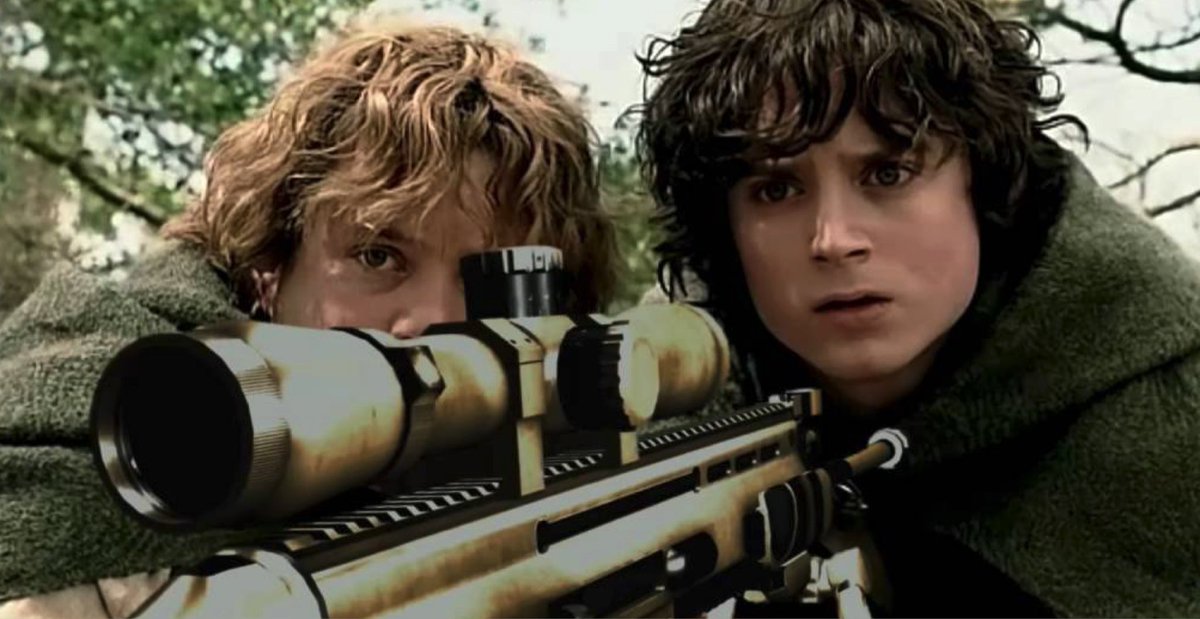 myelessar's tweet photo. my favourite genre of picture is lord of the rings characters photoshopped with guns https://t.co/IPIccQFrdg