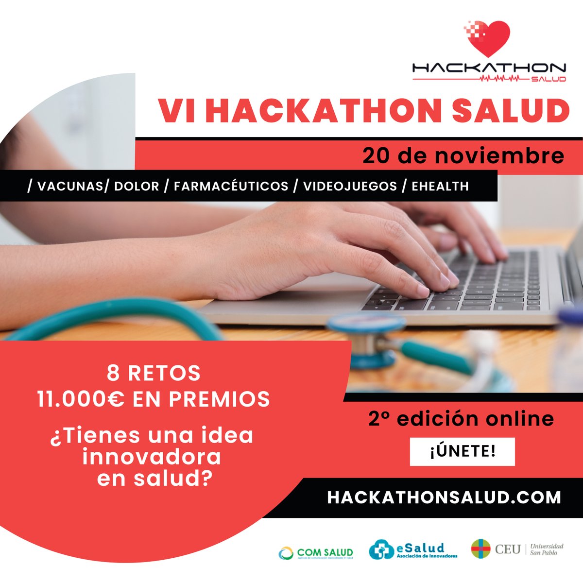 👁‍🗨¿Tienes una idea innovadora en #salud? 

🧑‍🤝‍🧑PARTICIPA en el VI #HackathonSalud, uno de los mayores eventos online de creación de soluciones digitales para resolver problemas de salud 

🗓️20 NOVIEMBRE
▶️8 retos
💸11.000 € en premios más mentorización
hackathonsalud.com