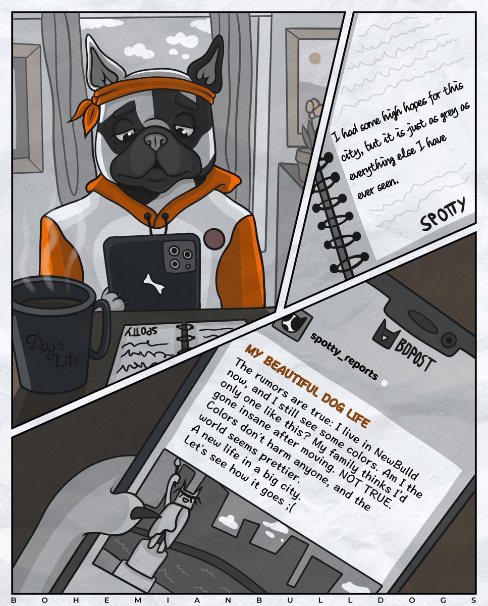 Today marks the beginning of the #BohemianBulldogs story.

Our main character Spotty sees the world in black and white like all dogs do. But one day, his life turned upside down, and now everyone is convinced that he's crazy.🤯

Read what happened next in the comic 👌🏻