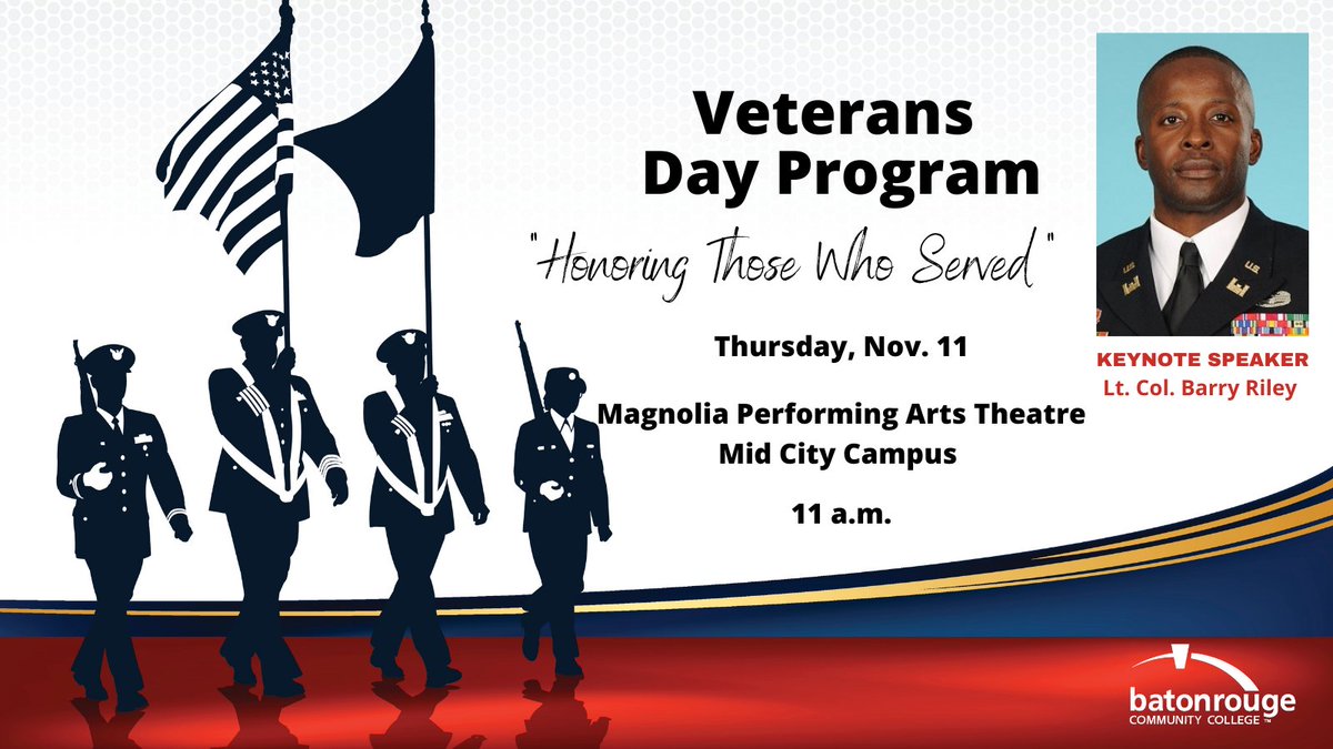 MyBRCC's tweet photo. The public is invited to honor our country's courageous women and men on Thursday, Nov. 11 at 11 a.m. during #MyBRCC's annual Veterans Day Program in the Magnolia Theatre. #Veterans #VeteransDay https://t.co/x7bVwNhuGm
