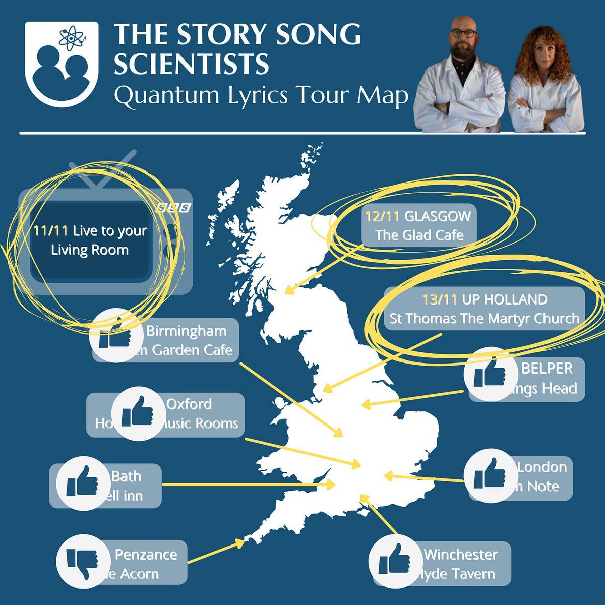 LiveToYourLR's tweet photo. The Story Song Scientists have put together this handy map of their tour, but where will you be watching from tomorrow night? 🤔
https://t.co/Xs9AwTXNlj
#livetoyourlivingroom #LTYLR #internationalfolkclub https://t.co/xPWH8ioh96