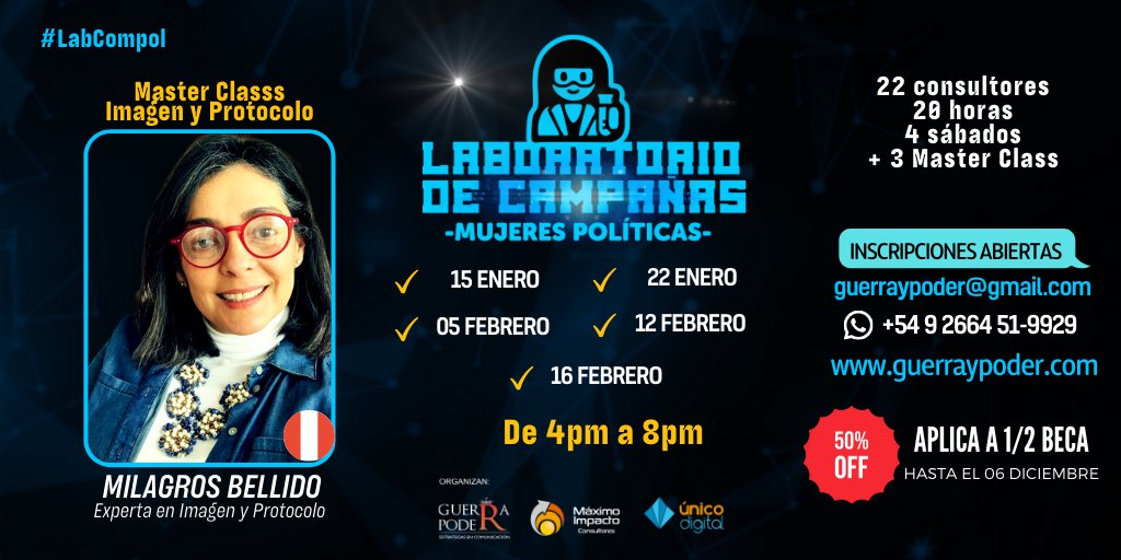 GuerrayPoder's tweet photo. 🧪LABORATORIO DE CAMPAÑAS: mujeres políticas
👩🏽🔬Milagros Bellido 🇵🇪
📍Inicio 15/01/22
🧑🏽🎓1/2 beca hasta 06/12
➡️ Registro https://t.co/zGVgTzMgVI
📲 https://t.co/l6A8m9jLBA +54 92664519929
✉️ guerraypoder@gmail.com
https://t.co/CPApOPmOPP
.
#labcompol #labcompolmujeres #compol https://t.co/TZB5c3zi60