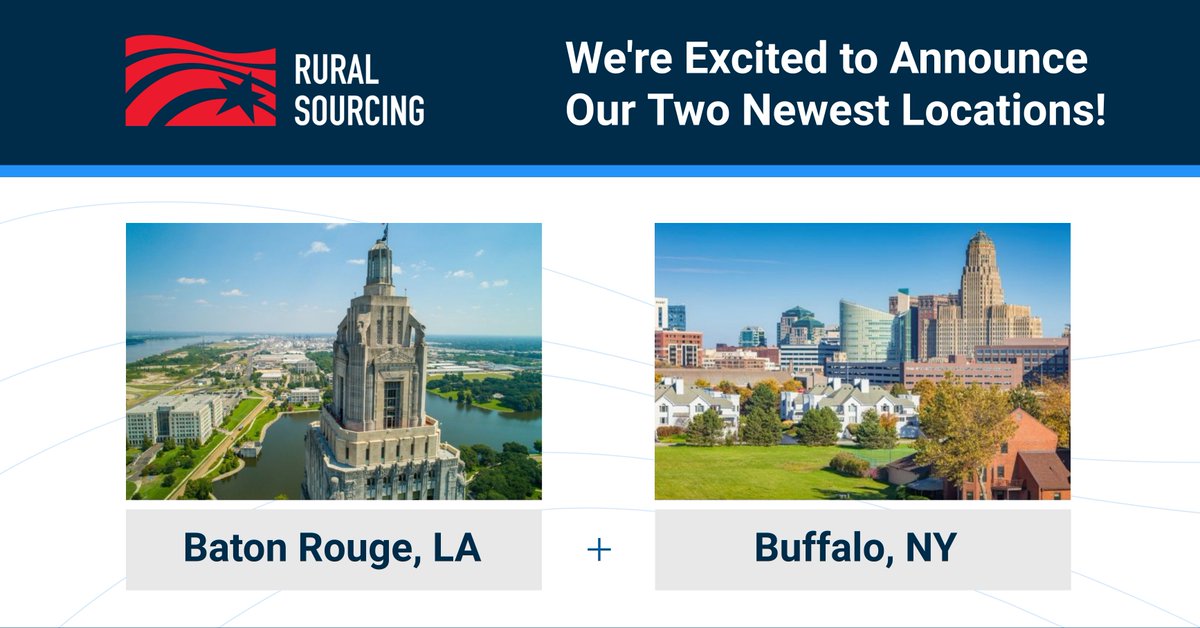 SparqInc's tweet photo. Rural Sourcing is pleased to announce our expansion into Baton Rouge, LA and Buffalo, NY – bringing our total number of centers to 10! Each new center will create 150 software development jobs. @LEDLouisiana @EmpireStateDev https://t.co/LCphrMcTfY https://t.co/S6lirWYhPd