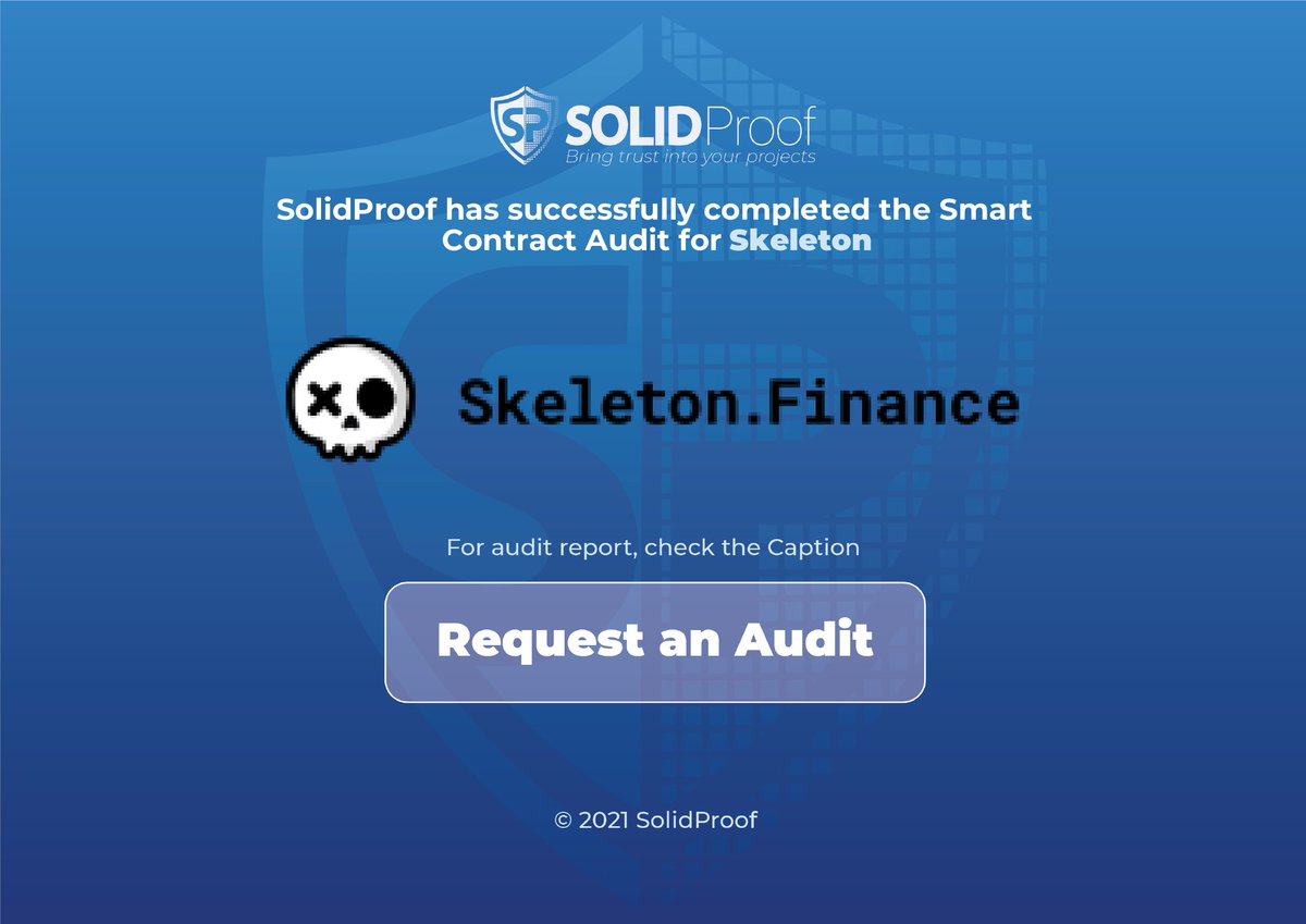 We are happy to announce that we have completed the smart contract audit for <a href="/SkeletonFinance/">Skeleton.finance</a> 

Need an audit?
solidproof.io/contact

Check out the full audit report here:
github.com/solidproof/sma…

#SmartContracts #Blockchain