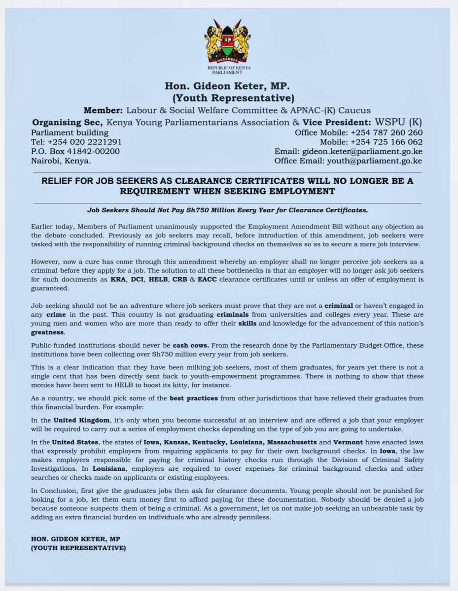 Job seekers will no longer have to fulfill the oppressive requirement of clearance certificates (KRA, CRB, DCI, HELB) while applying for jobs. This is great news, baffles me how this has not featured in our mainstream news !!

 <a href="/GideonKeter/">Gideon Keter</a> salute! 👏👏👏👏👏