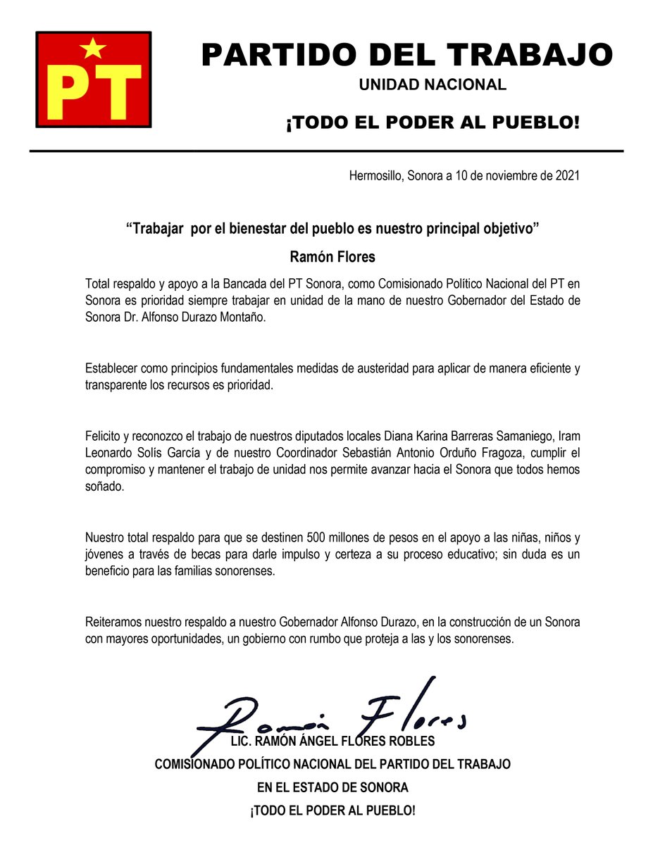 #ComunicadoPT ⭐️ 
¡Todo el Poder al Pueblo!
#ElPTEstáDeTuLado