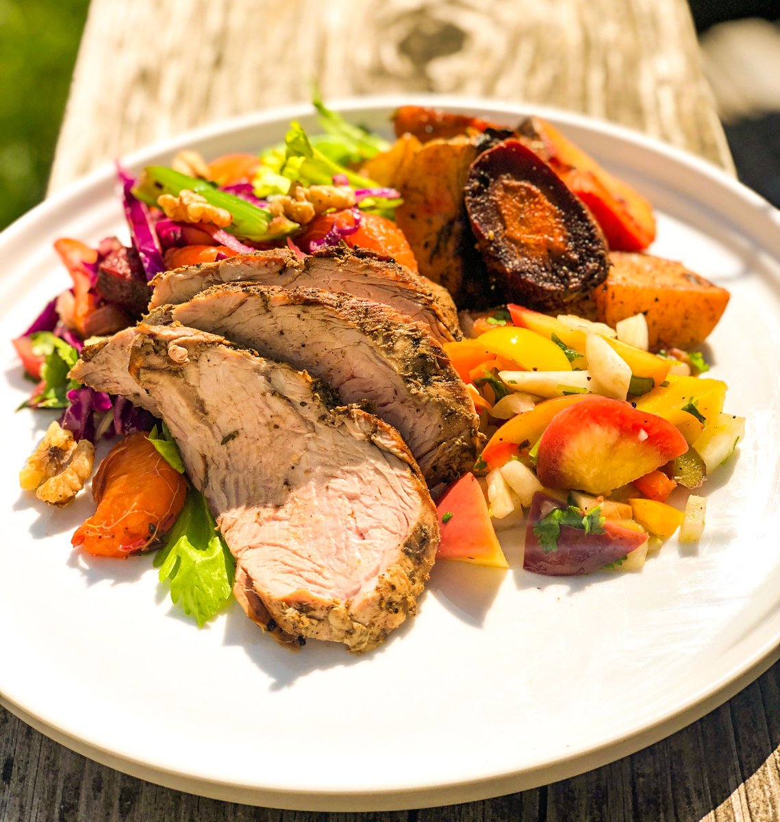 Caribbean Pork with Nectarine-Grilled Fennel Salsa Primaverde, red Cabbage Slaw with toasted Walnuts and Raspberry Balsamic Vinegar. 

chefscotty.com / indulchi.com
#chefscottywagner #indulchicatering #holidaycatering