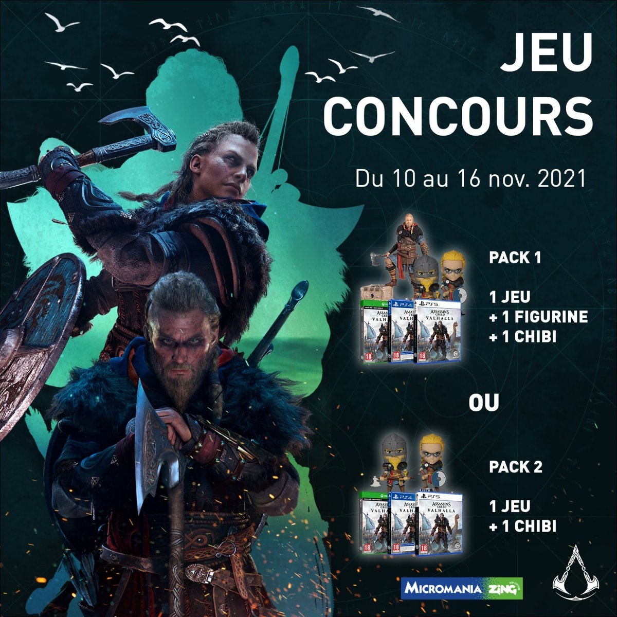 Micromania_Fr's tweet image. Pour fêter les 1 an d' #AssassinsCreedValhalla, nous vous proposons un petit jeu-concours ! Tentez de gagner l'un des deux packs mis en jeu ! Pour participer : 

🪓 RT &amp;amp; Follow @Micromania_Fr
🪓 Mentionnez un ami en réponse

On tire au sort le 16/11 !