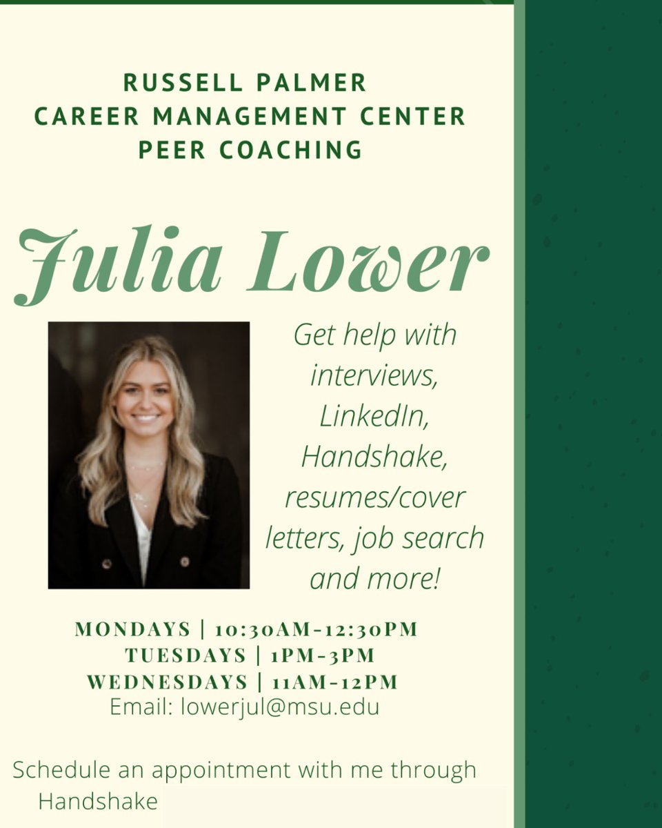 RecruitMSU's tweet photo. Meet one of our peer coaches, Julia! She is majoring in Supply Chain Management and minoring in Entrepreneurship and Innovation. Schedule an appointment with her today for professional guidance. #RecruitMSU #BroadSpartans #SpartansWill https://t.co/MD1BDQ2tzQ
