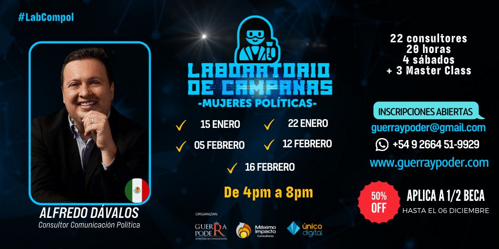 GuerrayPoder's tweet photo. 🧪LABORATORIO DE CAMPAÑAS: mujeres políticas
👨🏽🔬 Alfredo Dávalos🇲🇽
📍Inicio 15/01/22
🧑🏽🎓1/2 beca hasta 06/12
➡️Registro https://t.co/zGVgTzMgVI
📲 https://t.co/l6A8m9jLBA +54 92664519929
✉️ guerraypoder@gmail.com
https://t.co/CPApOPmOPP
.
.
#labcompol #labcompolmujeres #compol https://t.co/4tdhDU1P2U