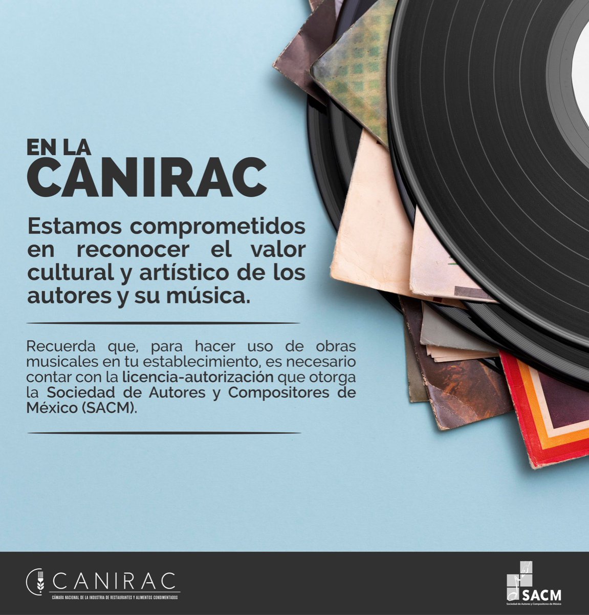 La música es un complemento esencial para garantizar la calidez y convivialidad que permea en los restaurantes, por ello, en #Canirac reafirmamos nuestro compromiso de reconocer a los #AutoresyCompositores por el valor cultural y artístico de sus obras musicales. #DerechosDeAutor