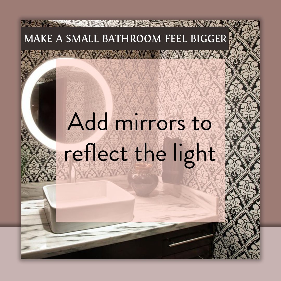 Make small bathroom feel bigger | Add mirrors to reflect the light bit.ly/3BwjNg5 Install larger — and more — mirrors than you typically would in a bathroom. The reflected light will open your small space making it feel bigger and roomier.