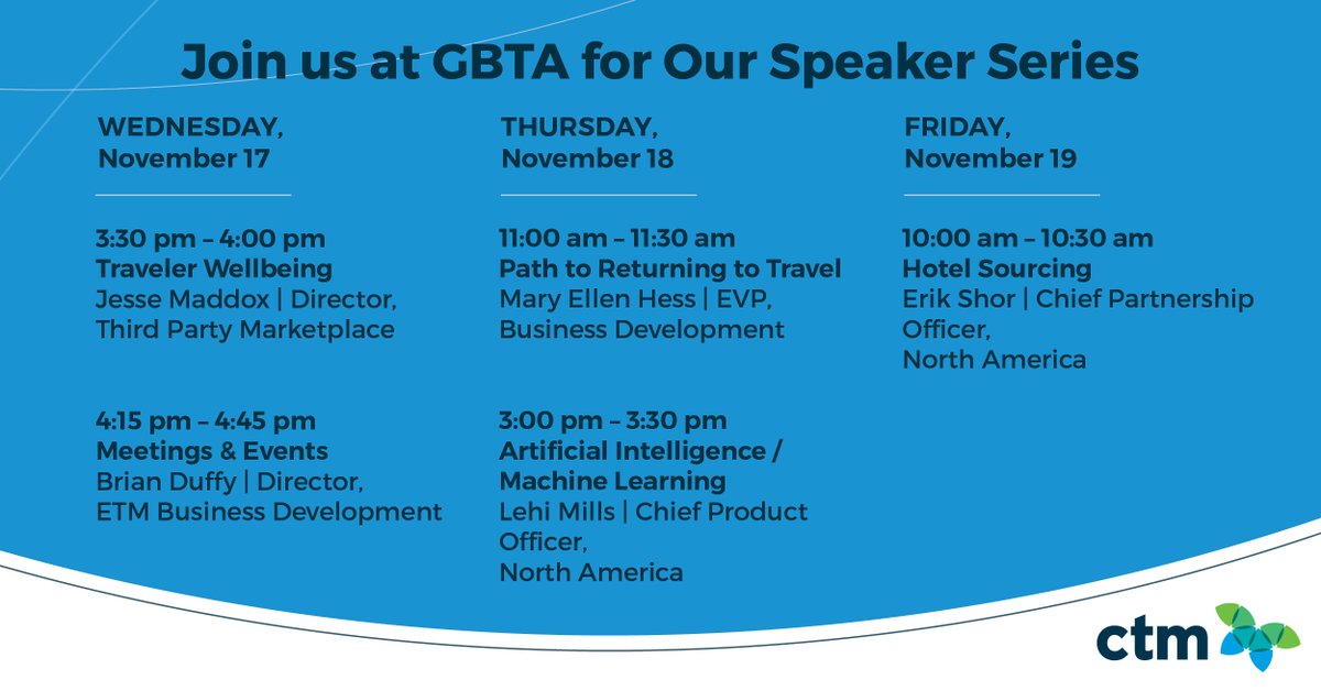 TravelCTM_US's tweet photo. We are one week away from #GBTA2021! You won't want to miss our CTM’s very own speaker series, taking place at our booth (#1841) and featuring experts and topics we’ll know you’ll love. 

#GBTA #Businesstravel #GBTAglobal #ReadySafeTravel #BusinessNeedsTravel #GBTA2021 #booth1841 https://t.co/FlLzKxJPbR