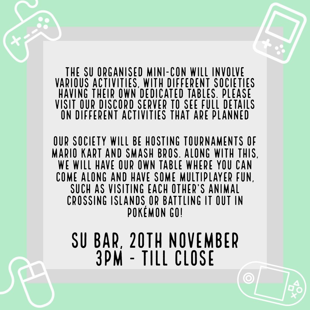 Check our Discord for more information! 
┈┈┈┈․° Tags °․┈┈┈┈
#bathspauniveristy #bathspauni #bathspa #univeristy #studentlife #videogamingsociety #videogaming #gaming <a href="/bathspasu/">Bath Spa Students' Union</a>