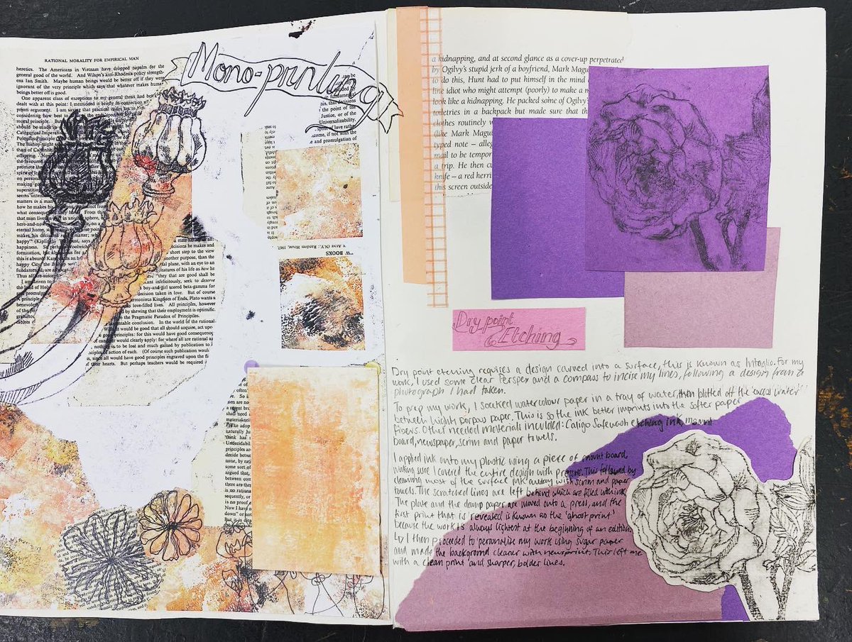 ArtMrsLewis's tweet photo. Take a sneaky peak at these hand-made sketchbook pages from Xanthe, Charlize and Shannon in Year 12. Mono-prints, dry-point etchings and relief prints inspired by nature. Super proud! #BTECLevel3 #BTECArt #studentart #edutwitter https://t.co/5g8X8jA4X0