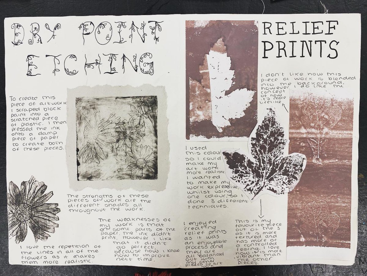 ArtMrsLewis's tweet photo. Take a sneaky peak at these hand-made sketchbook pages from Xanthe, Charlize and Shannon in Year 12. Mono-prints, dry-point etchings and relief prints inspired by nature. Super proud! #BTECLevel3 #BTECArt #studentart #edutwitter https://t.co/5g8X8jA4X0