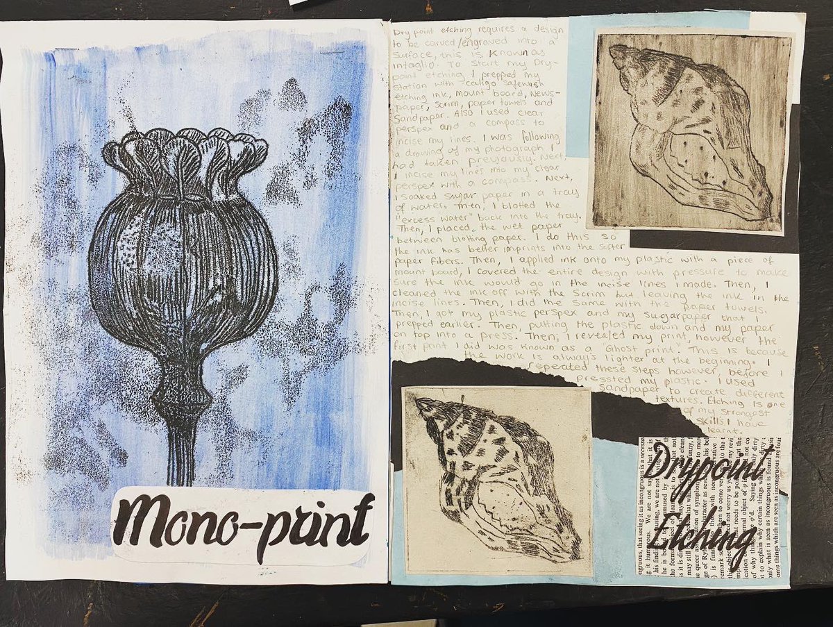 ArtMrsLewis's tweet photo. Take a sneaky peak at these hand-made sketchbook pages from Xanthe, Charlize and Shannon in Year 12. Mono-prints, dry-point etchings and relief prints inspired by nature. Super proud! #BTECLevel3 #BTECArt #studentart #edutwitter https://t.co/5g8X8jA4X0