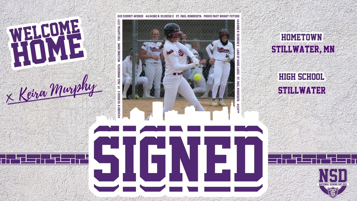 TommieSoftball's tweet photo. 🚨Signing Alert 🚨
We are very excited to announce our newest Tommie &amp; 3rd signee in the class of 2022, @murphy_keira170!! Keira is a dual threat pitcher from Stillwater, MN. Welcome to the @UofStThomasMN &amp; @TommieAthletics family, Keira! #PurplePride #NSD22 #RollToms😈 https://t.co/QnYrSaMgQu