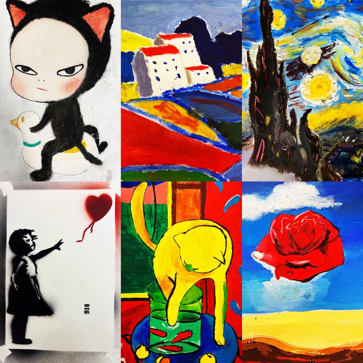 ArtMrsLewis's tweet photo. Great variety of artist references from some of my Year 13s! #YoshitmotoNara #Picasso #Banksy #Dali #Matisse #BTECLevel3 #BTECArt #pupilartwork #edutwitter https://t.co/L23Osp6cBo