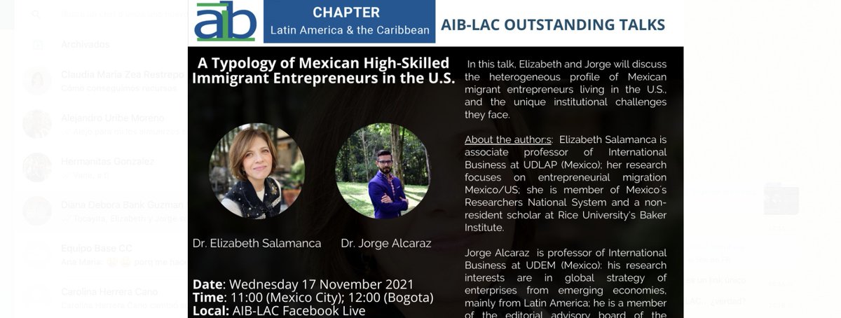 📺Wednesday 17th November, at the AIB-LAC Outstanding Talks series Dr. Jorge Alcaraz 👨‍🏫and Dr. Elizabeth Salamanca 👩‍🏫 will present their study on Mexican 🇲🇽 highly-skilled immigrant entrepreneurs in the  🇺🇸.  See you all ✊ in our FacebookLive at fb.me/e/2zMX5OEt6