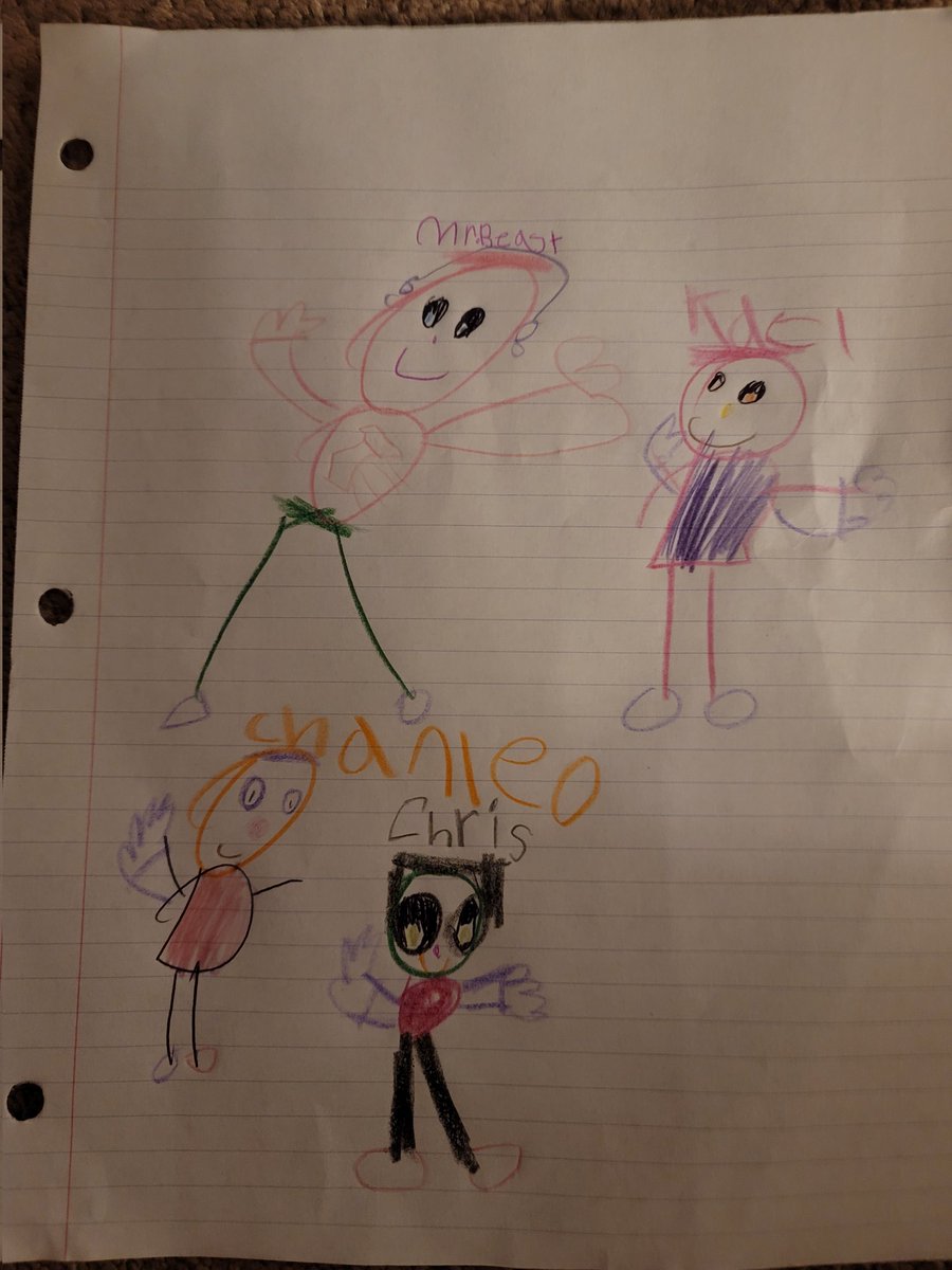 Derrick0910's tweet photo. @MrBeast my 7 year old daughter loves your videos and wanted to draw you and the crew.    Her name Layne and she asked me to share it to you.  Mr Beast, Karl,  Chandler and Chris @KarlJacobs_ @Christhealtgod @ChandlerHallow @chrisTyson https://t.co/B8LfW26osC