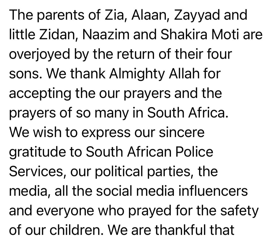 Abramjee's tweet photo. The four Moti brothers have been freed and they are now safety reunited with their family. This is the message from the parents…
#Kidnappings https://t.co/lH68h5hpxm